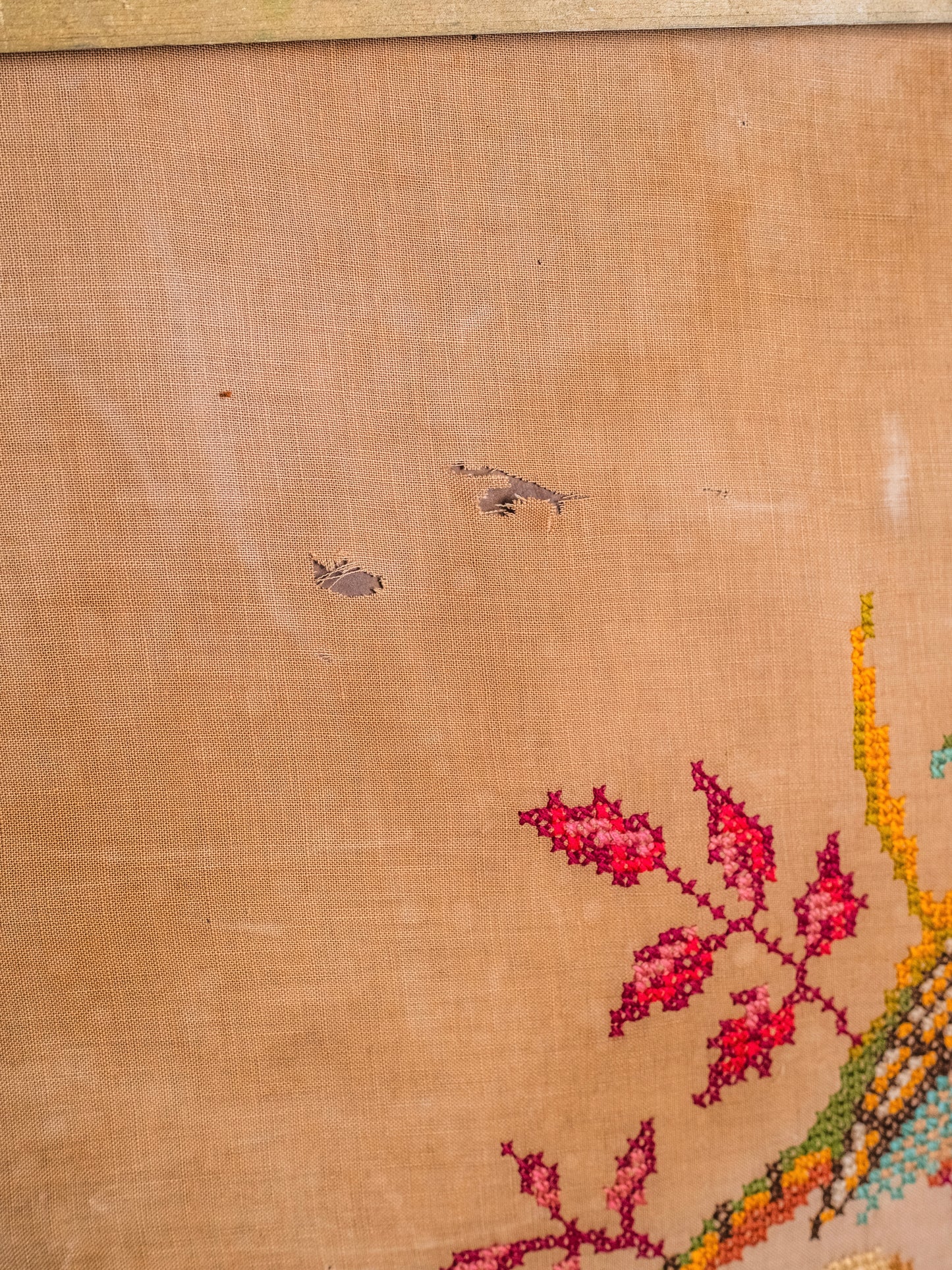 Antique Early 1900s Framed Pair of Pheasants Cross-Stitch Embroidered Wall Art