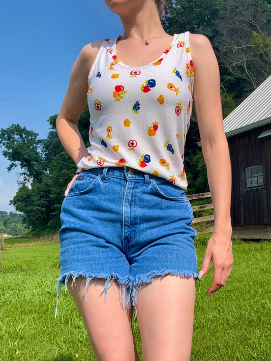 Vintage 1970s Miss Holly Fruit Print Nylon Tank Top | Large