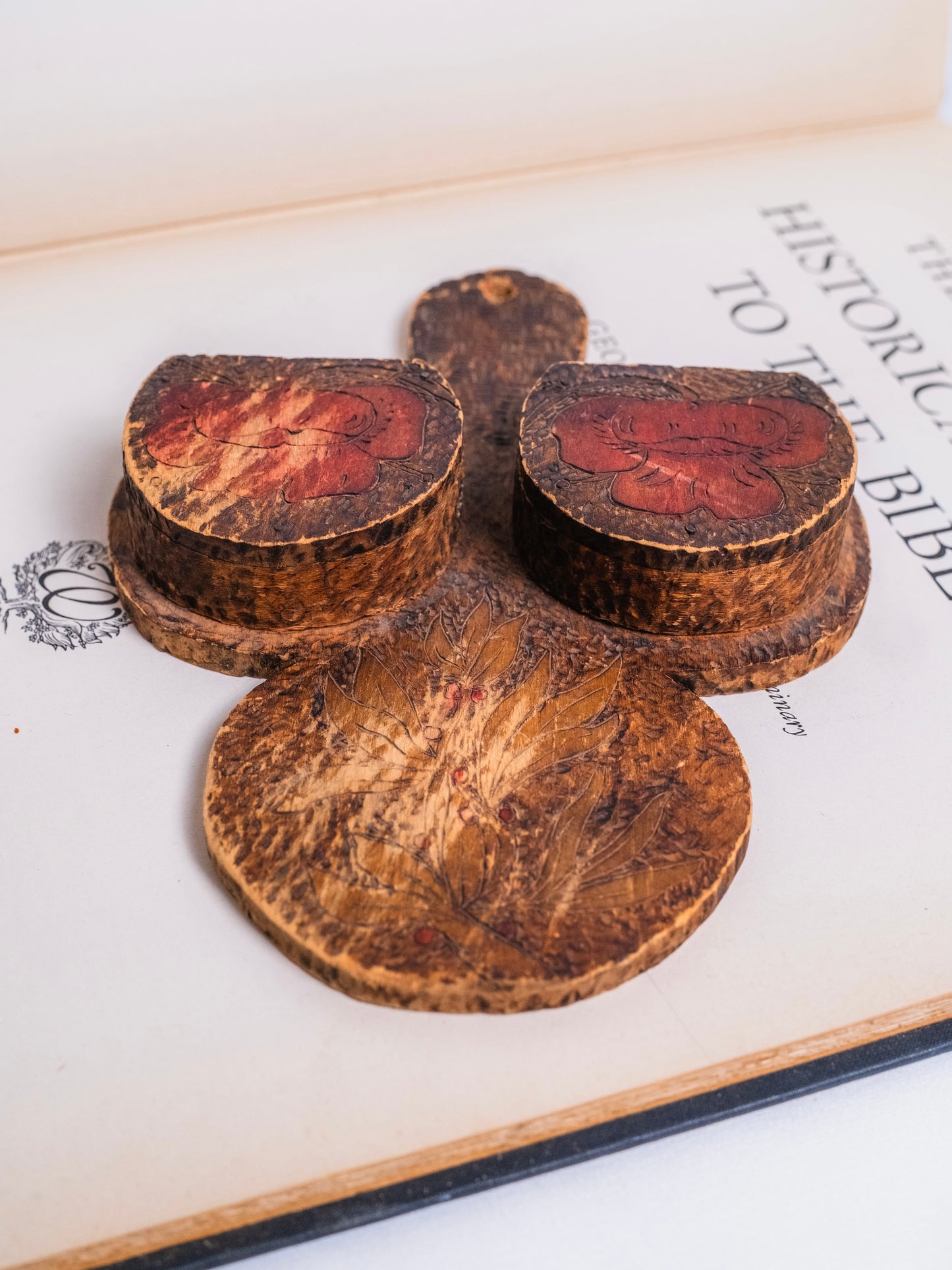 Antique 1906 Signed L.W. Wooden Pyrography Floral Pattern Wall Hanging