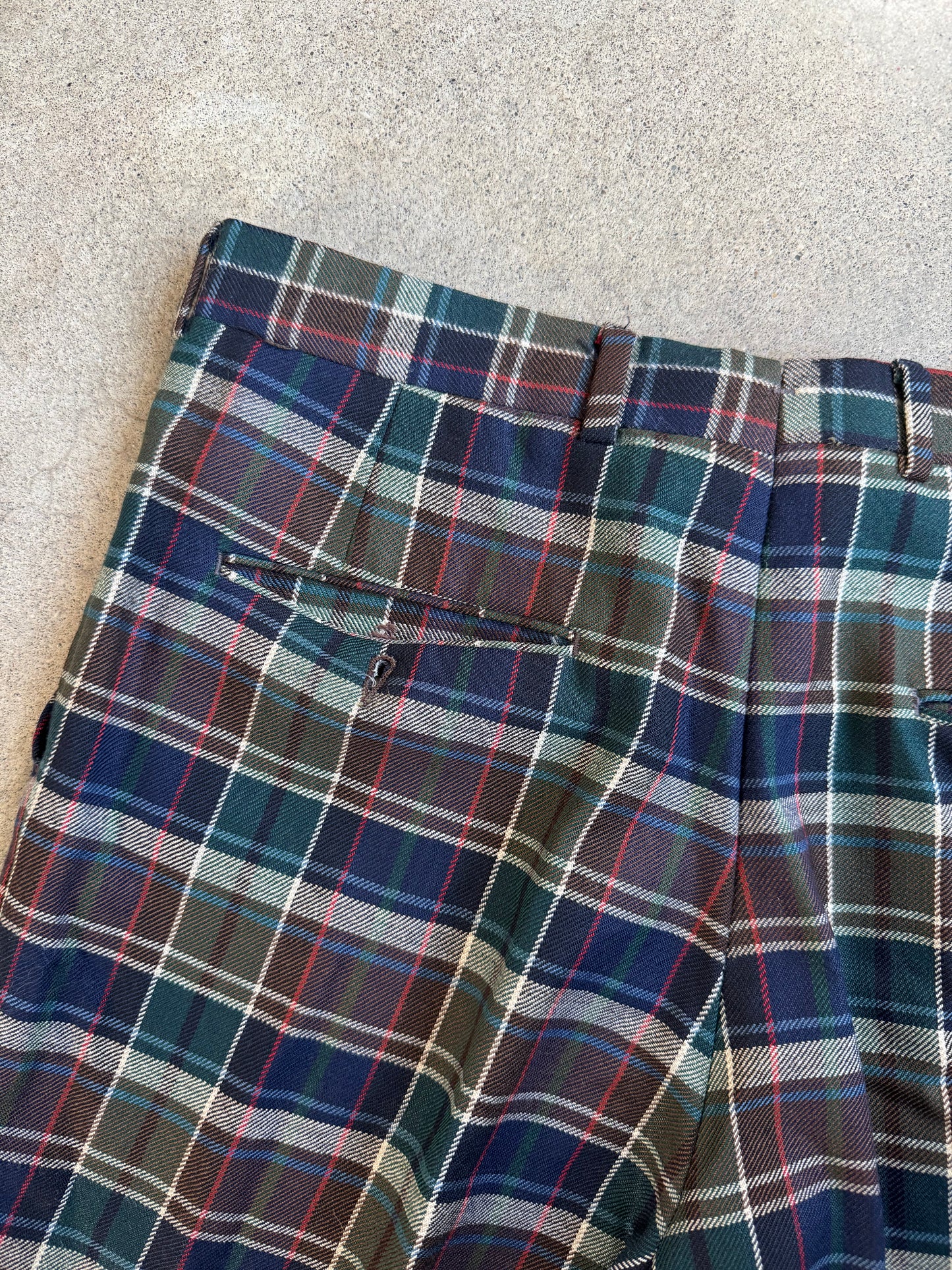 Vintage 1970s John Horan Dark Plaid Wool Trousers | Waist 34”