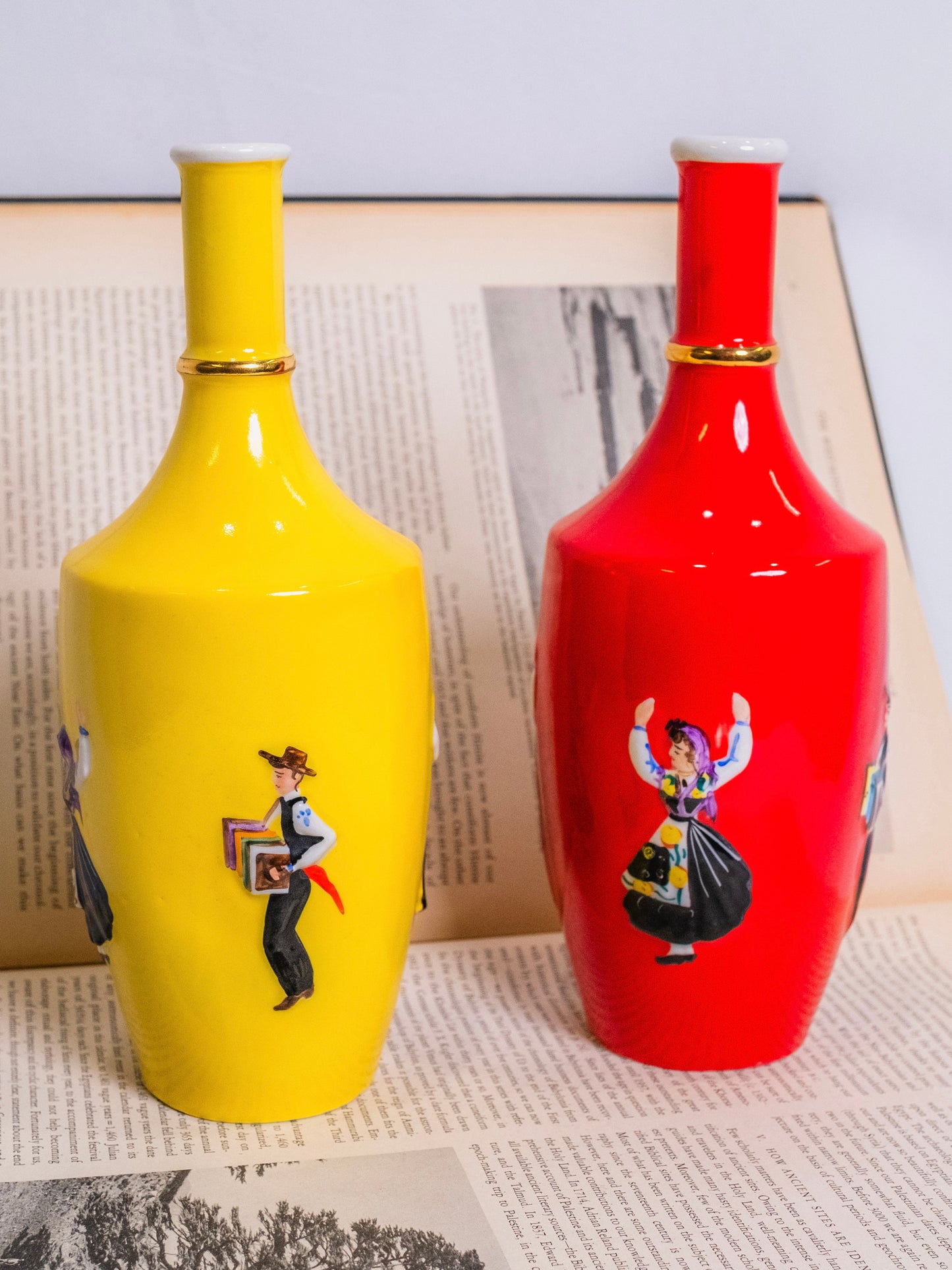 Vintage 1950s Real Vinicola Portugal Red & Yellow Ceramic Wine Bottles | Set of 2