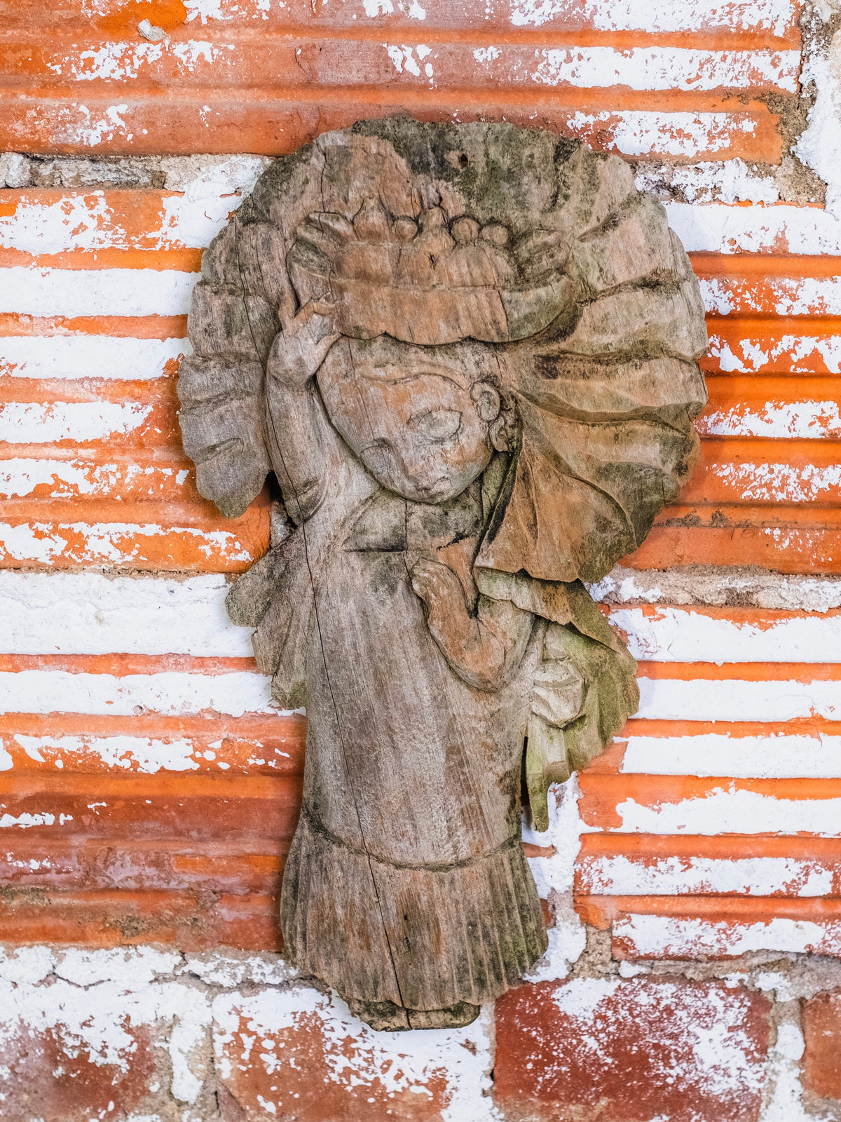 Vintage Hand-Carved Wood Latin Folk Art “Girl Carrying Fruit Basket” Wall Hanging
