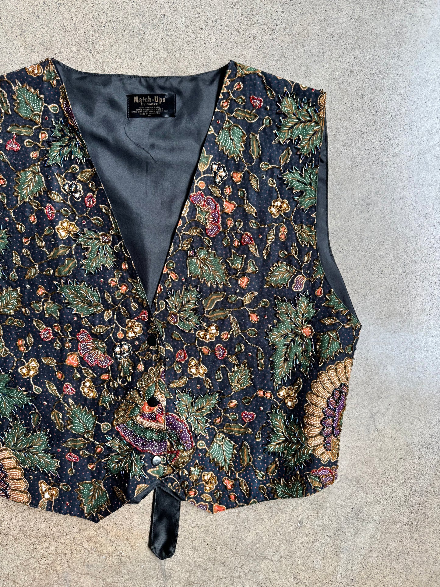 Vintage 1980s Match-Up's Floral Beaded Cotton Batik Vest | M/L