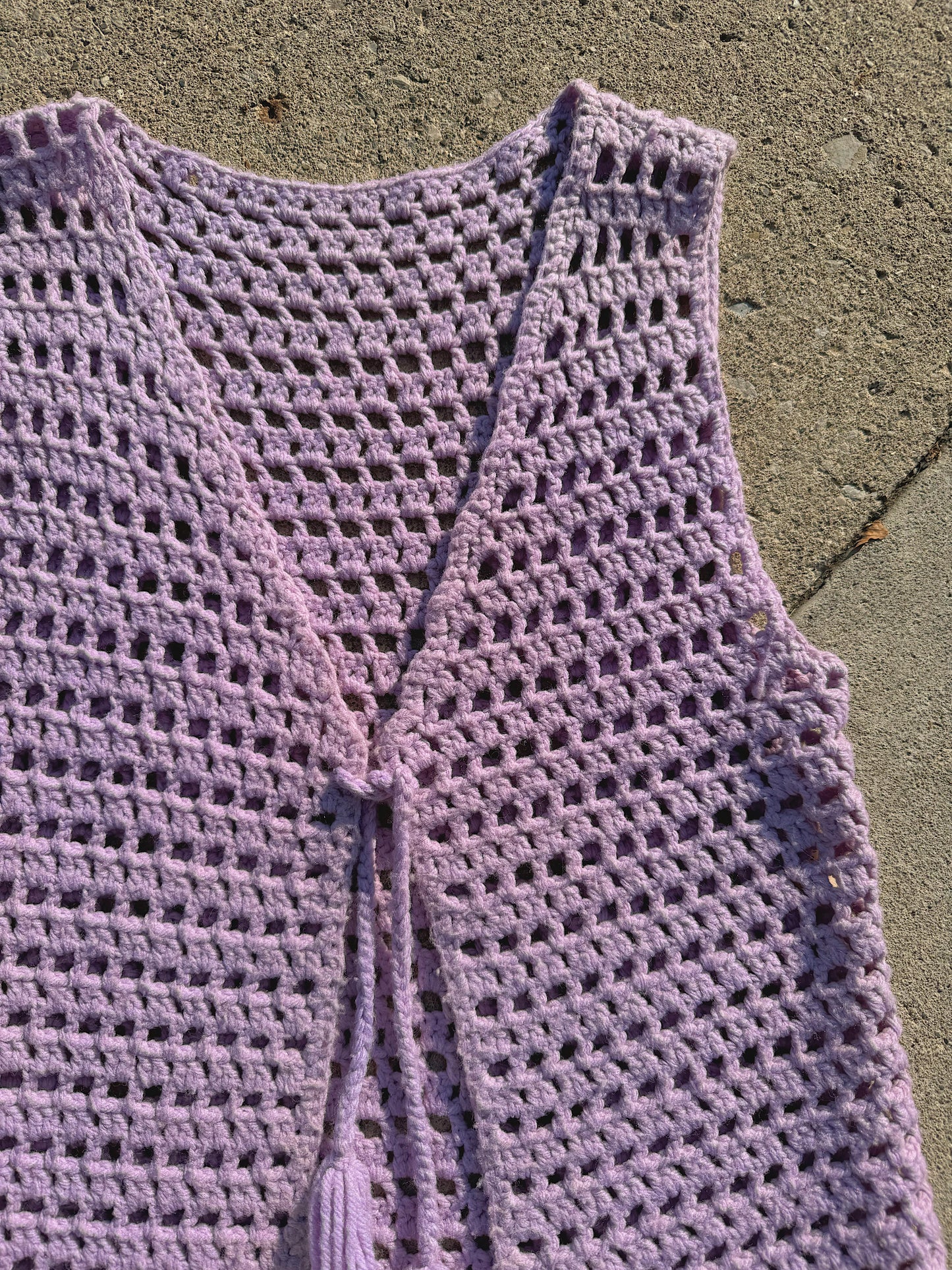 Vintage 1970s Handmade Purple Tassel Tie Crochet Vest