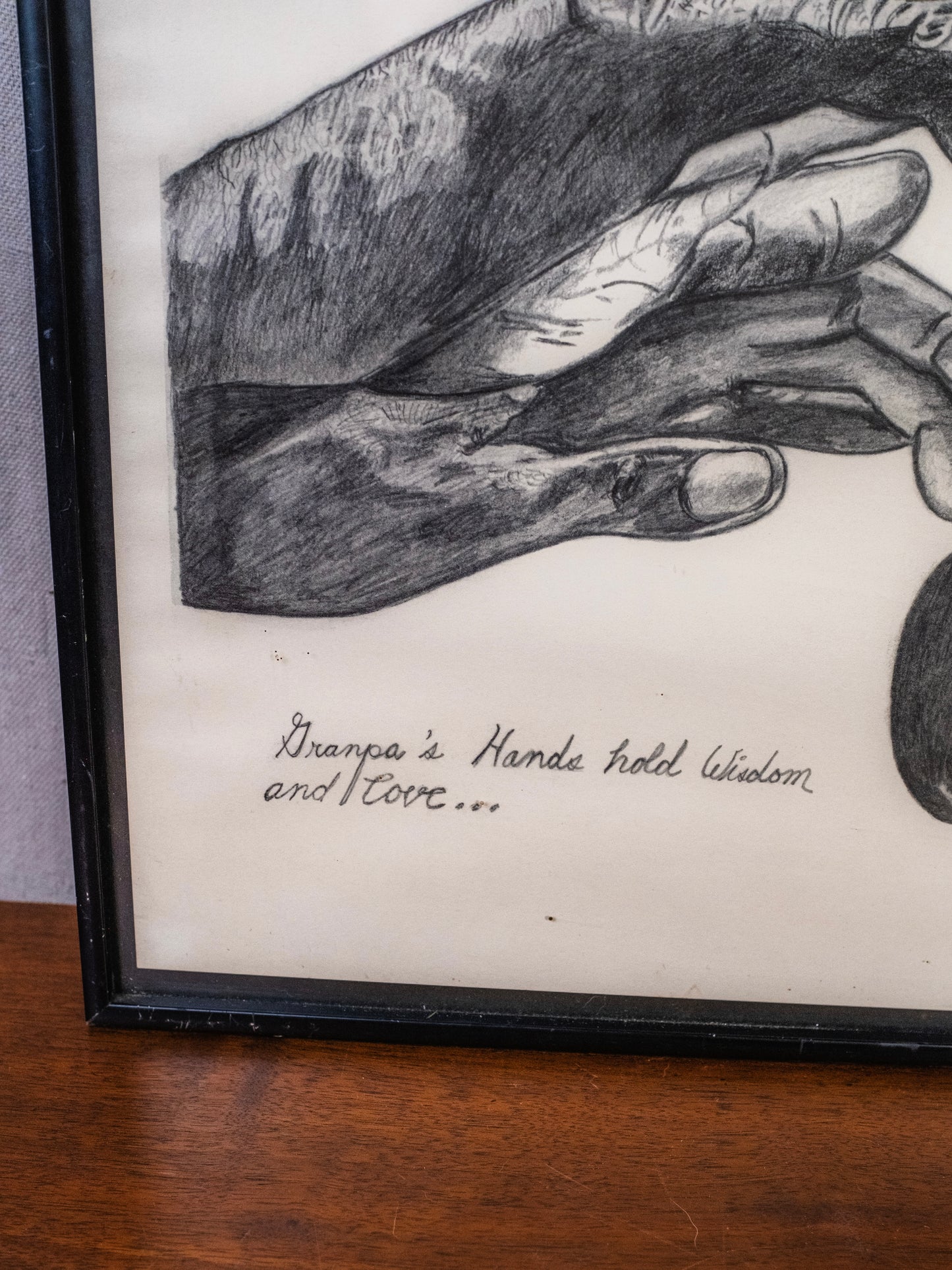 Vintage 1980s Framed “Grandpa’s Hands Hold Wisdom & Love” Pencil Sketch Print Artwork