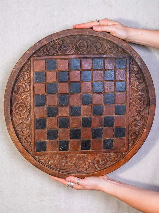 Vintage 1960s Round Ornate Wood-Carved Chess Board
