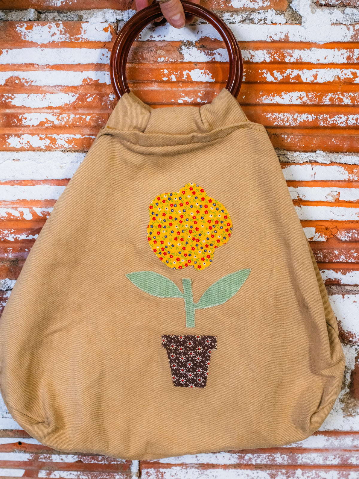 Vintage 1970s Handmade Flower Pot Patch Bakelite Ring Handle Tote Bag