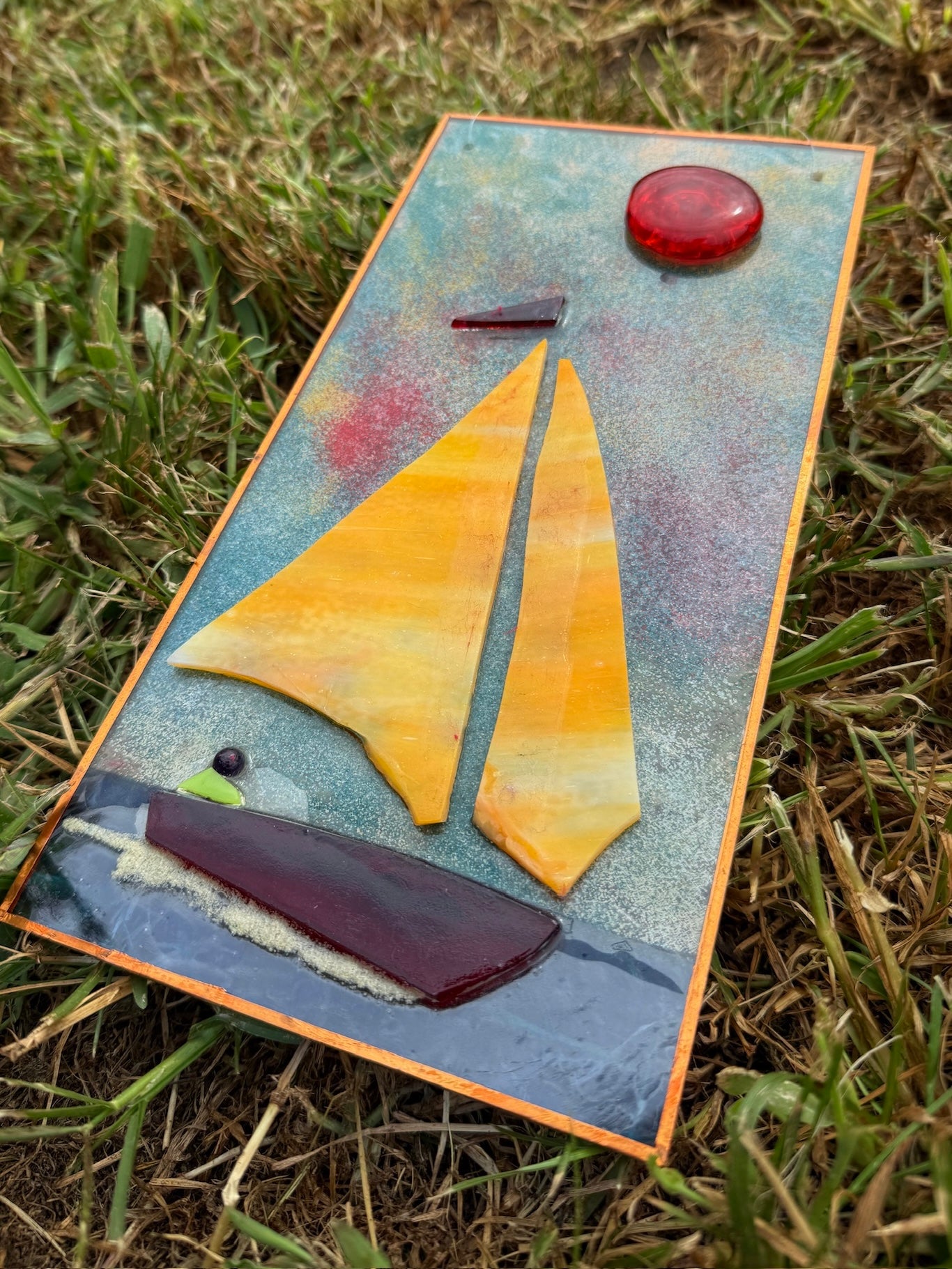 Vintage 1980s Handmade Stained Glass Sailboat Suncatcher