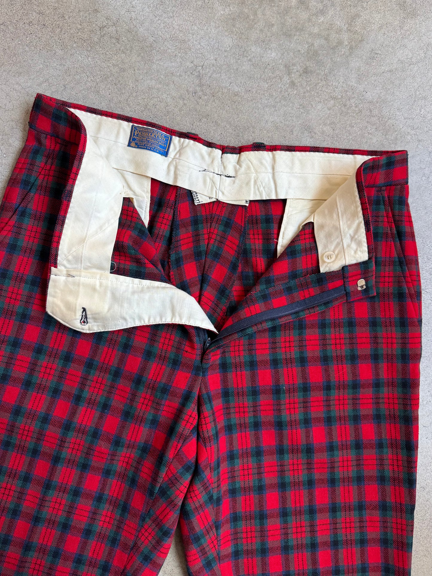 Vintage 1960s Pendleton Red Plaid Wool Trousers | Waist 38”