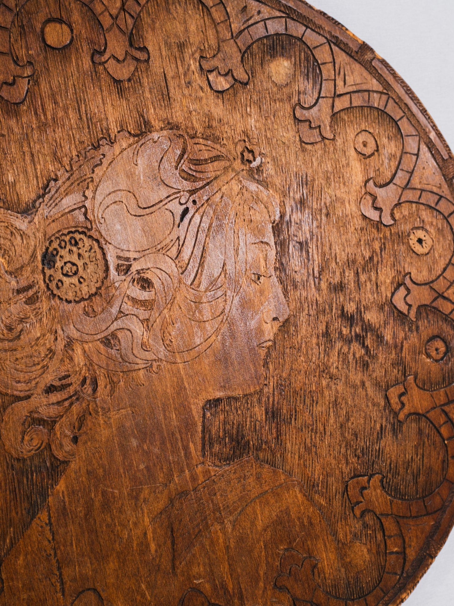 Antique 1900s Art Nouveau Round Flemish Wood Pyrography Woman Portrait Wall Art