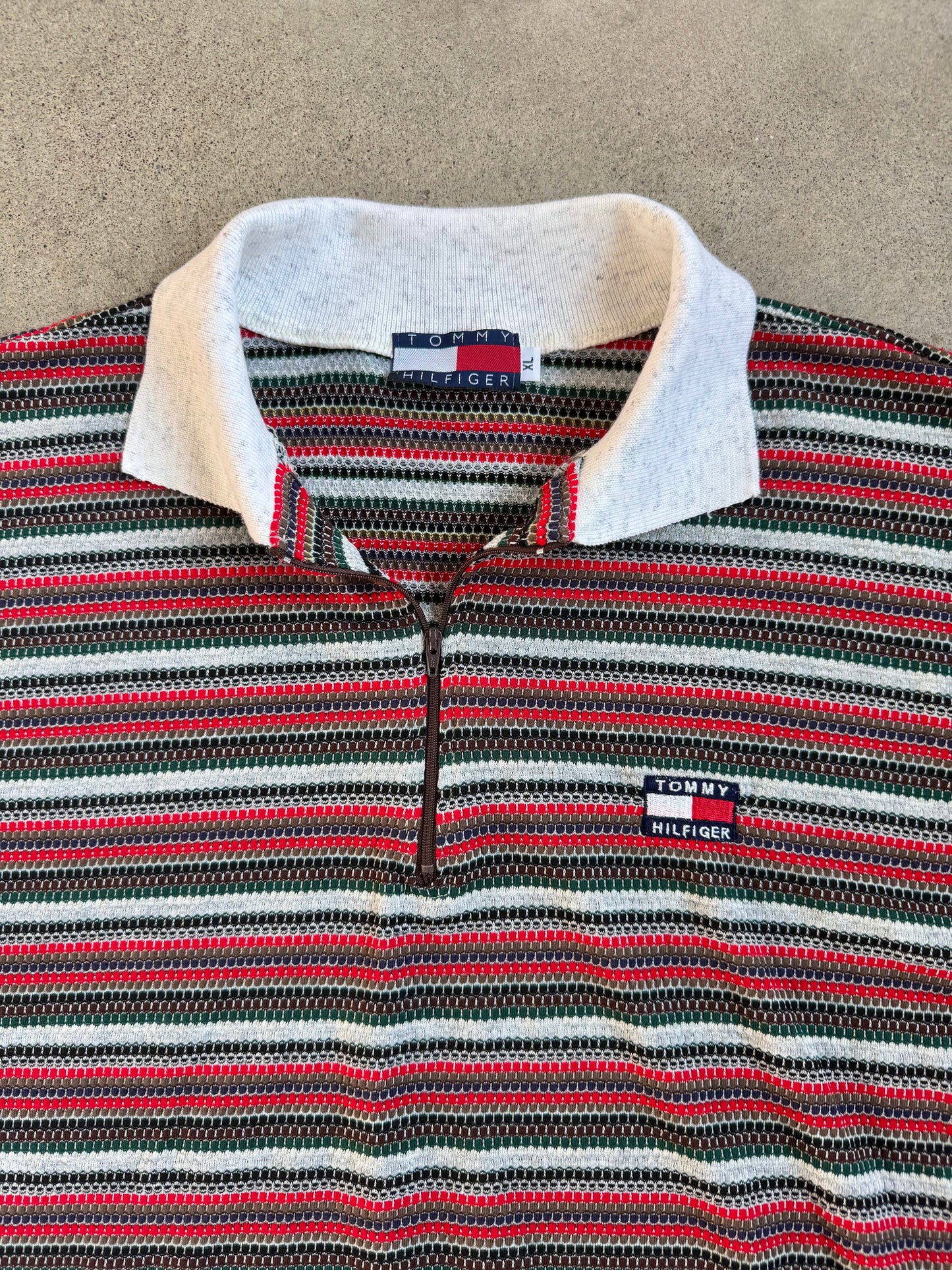 Vintage 1990s Tommy Hilfiger Striped Quarter Zip Polo Shirt | XL