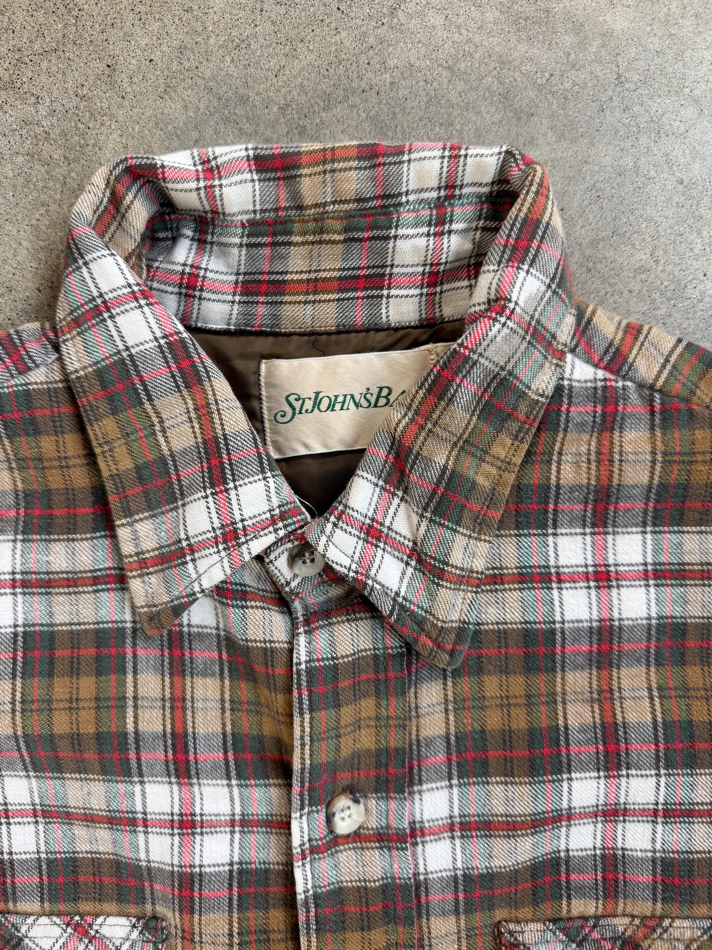 Vintage 1990s St. John’s Bay Brown & Red Plaid Quilt-Lined Cotton Shirt Jacket | XL