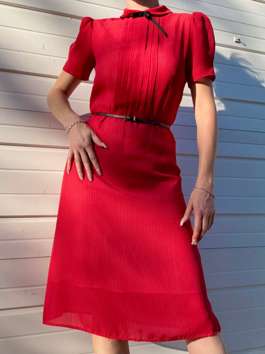 Vintage 1980s Sheer Red & Black Pinstripe Peter Pan Collar Dress | S/M