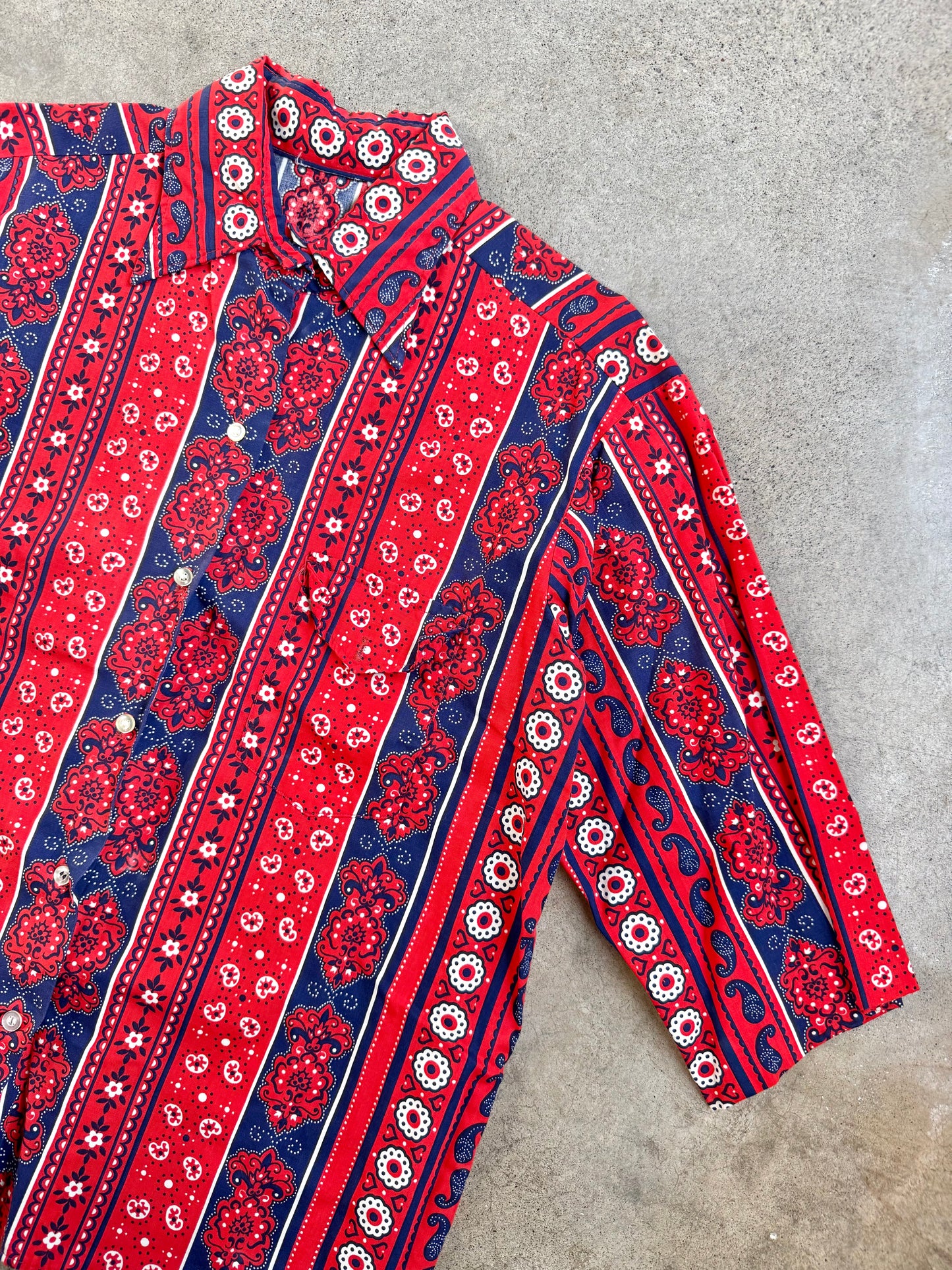 Vintage Red & Blue Striped Paisley Bandana Print Button-Up Shirt | XL