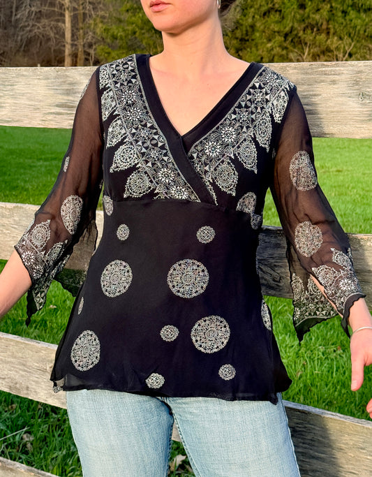 Vintage 1990s New York City Design Co. 100% Silk Black Patterned Blouse | Medium