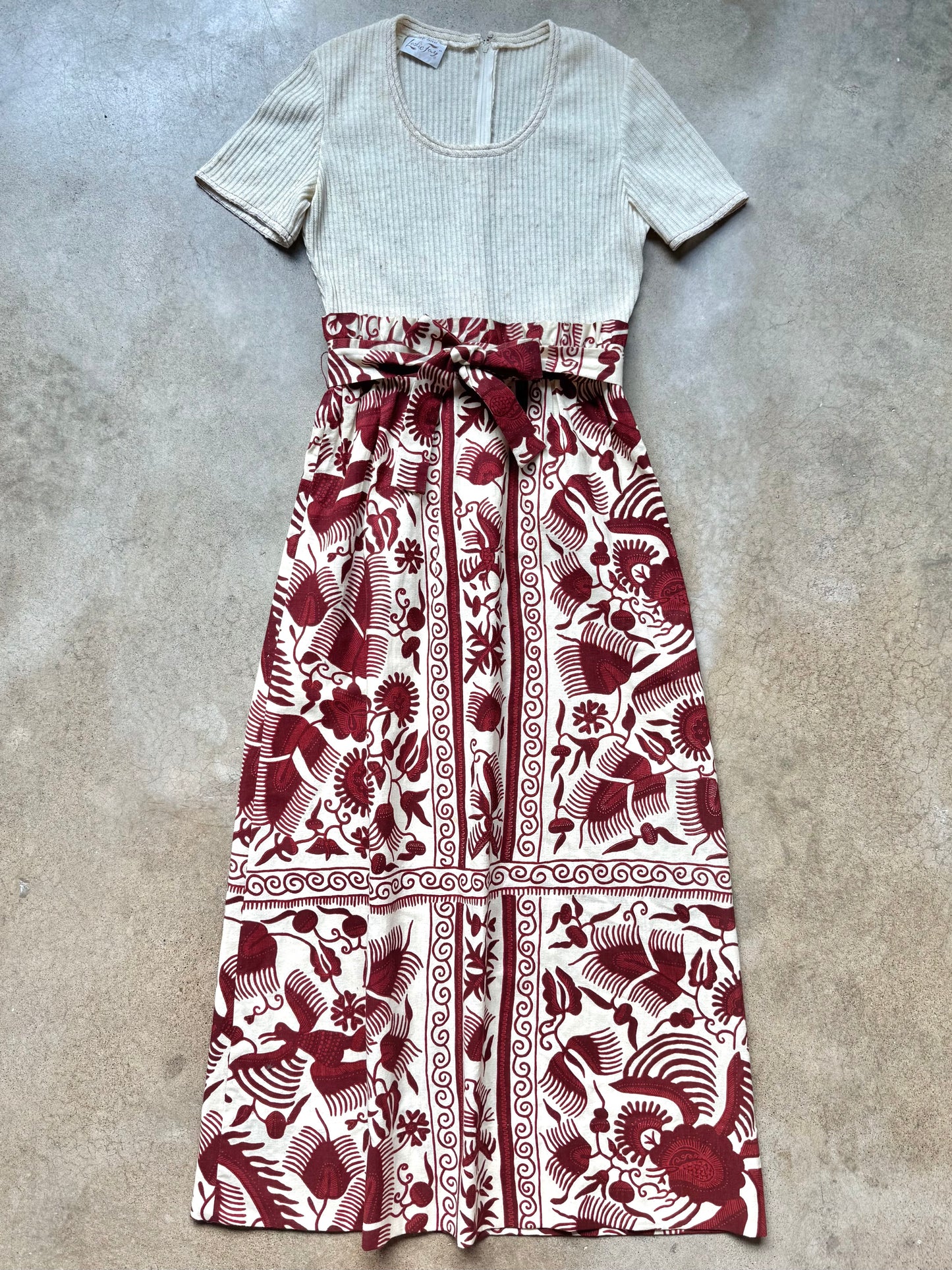 Vintage 1970s Leslie Fay Knit Bodice Two-Tone Bohemian Printed Maxi Dress | Small