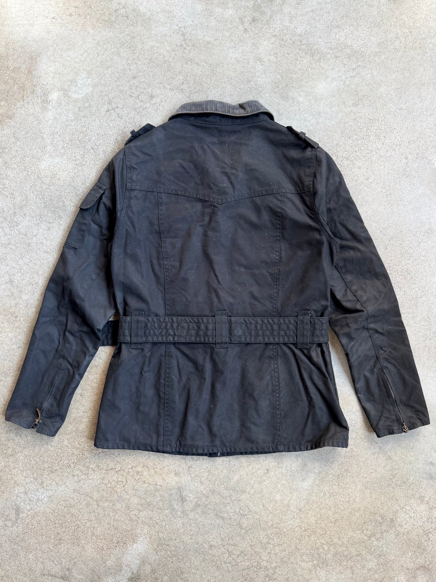 Vintage Style Barbour Black Waxed Cotton Belted Utility Jacket | S/M