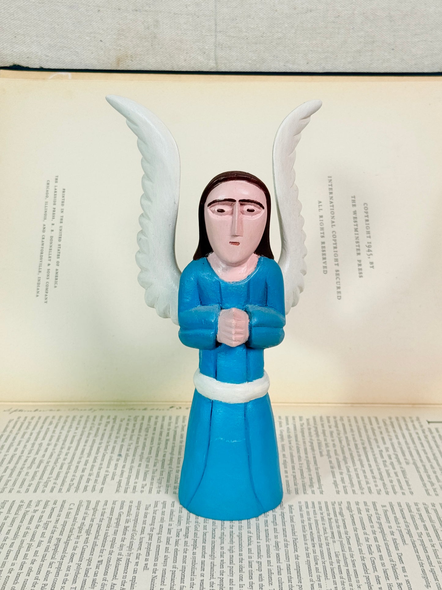 Vintage 1980s Polish Hand-Carved Wood "Blue Angel" Figurine | Signed Zenon Miczolek