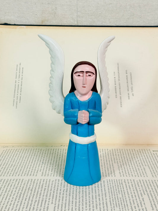 Vintage 1980s Polish Hand-Carved Wood "Blue Angel" Figurine | Signed Zenon Miczolek