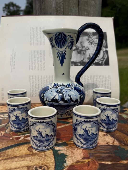 Vintage Delft Hand-Painted Ceramic Vandermint Decanter & Glasses Set