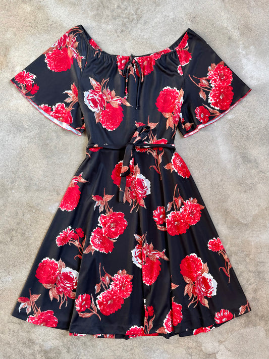 Vintage 1970s Black & Red Floral Off-Shoulder A-Line Midi Dress | XL