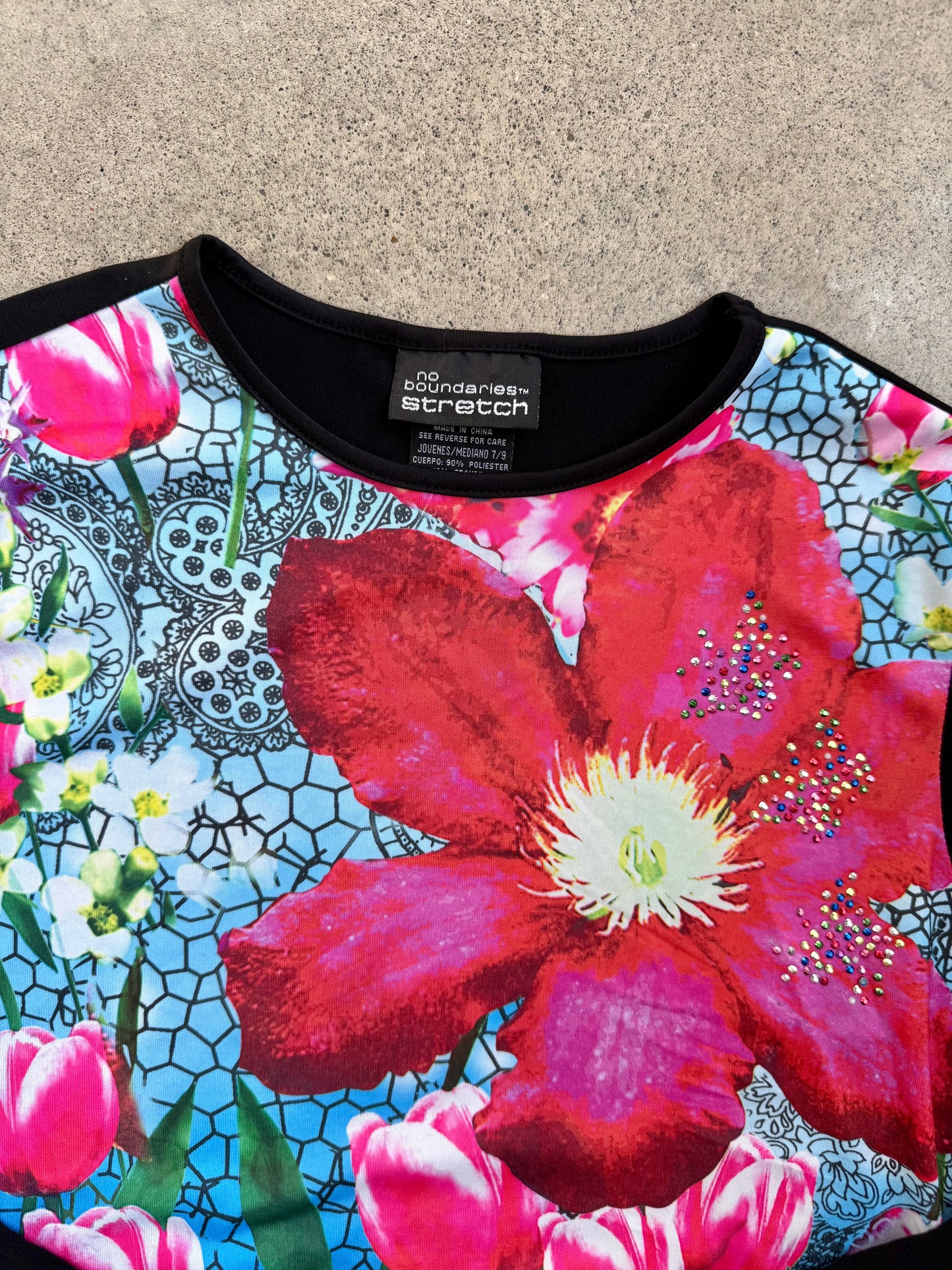 Vintage 1990s No Boundaries Mesh Sleeve "Flower Power" Top | Medium