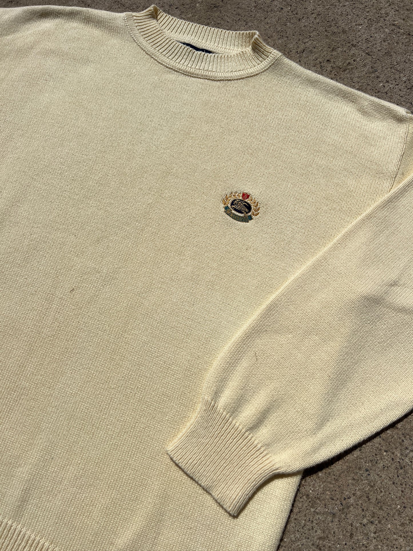 Vintage 1980s Burberry Butter Yellow Cotton Emblem Sweater | Large