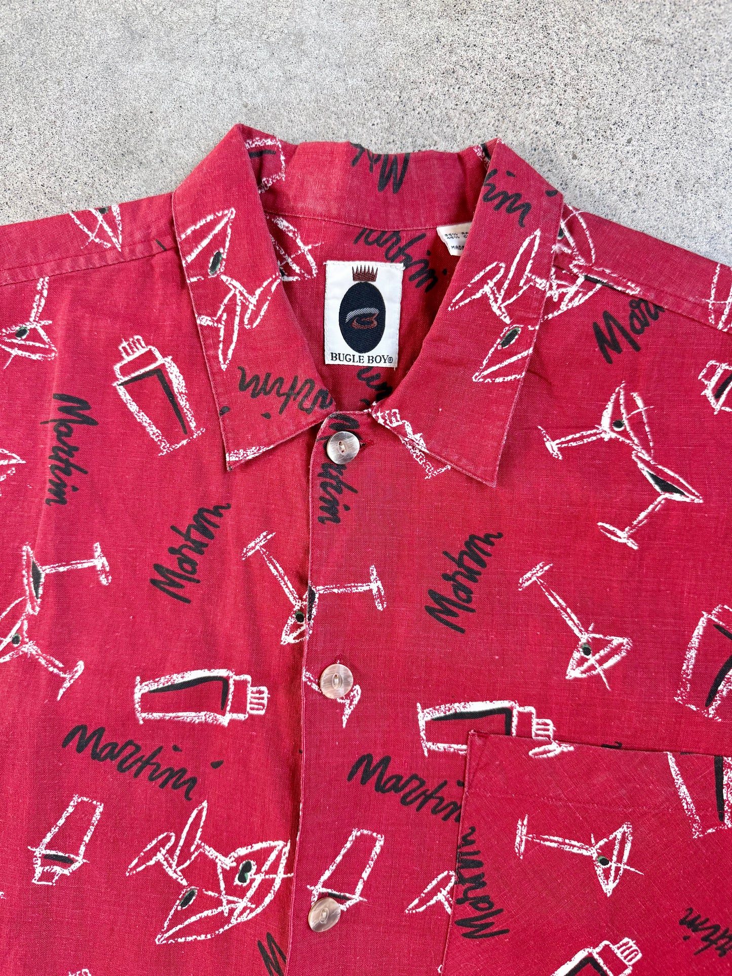 Vintage 1990s Bugle Boy Red Martini Pattern Short Sleeve Shirt | Medium