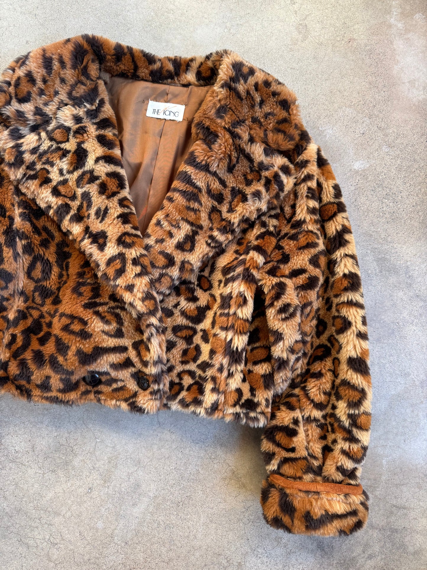 Vintage 1980s The Icing Leopard Print Faux Fur Cropped Jacket | Medium