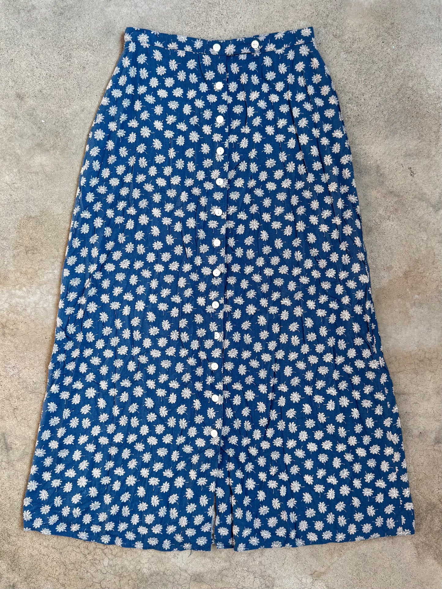 Vintage Woolrich Blue Floral Print Button-Front Maxi Skirt | Waist 26”