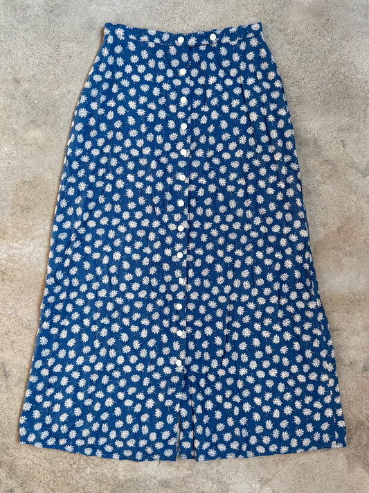 Vintage Woolrich Blue Floral Print Button-Front Maxi Skirt | Waist 26”