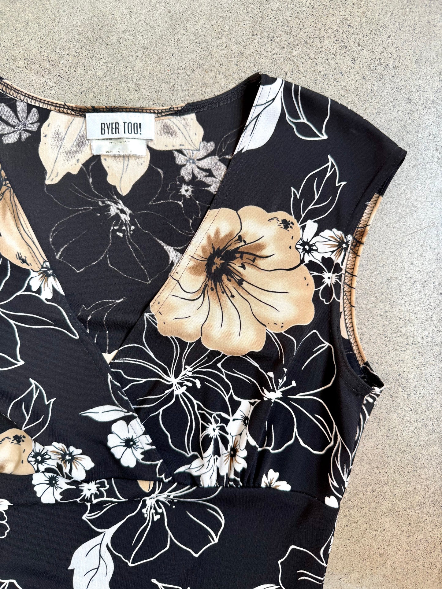 Vintage 1990s Byer Too! Black & Tan Floral Print Sleeveless Midi Dress | Large