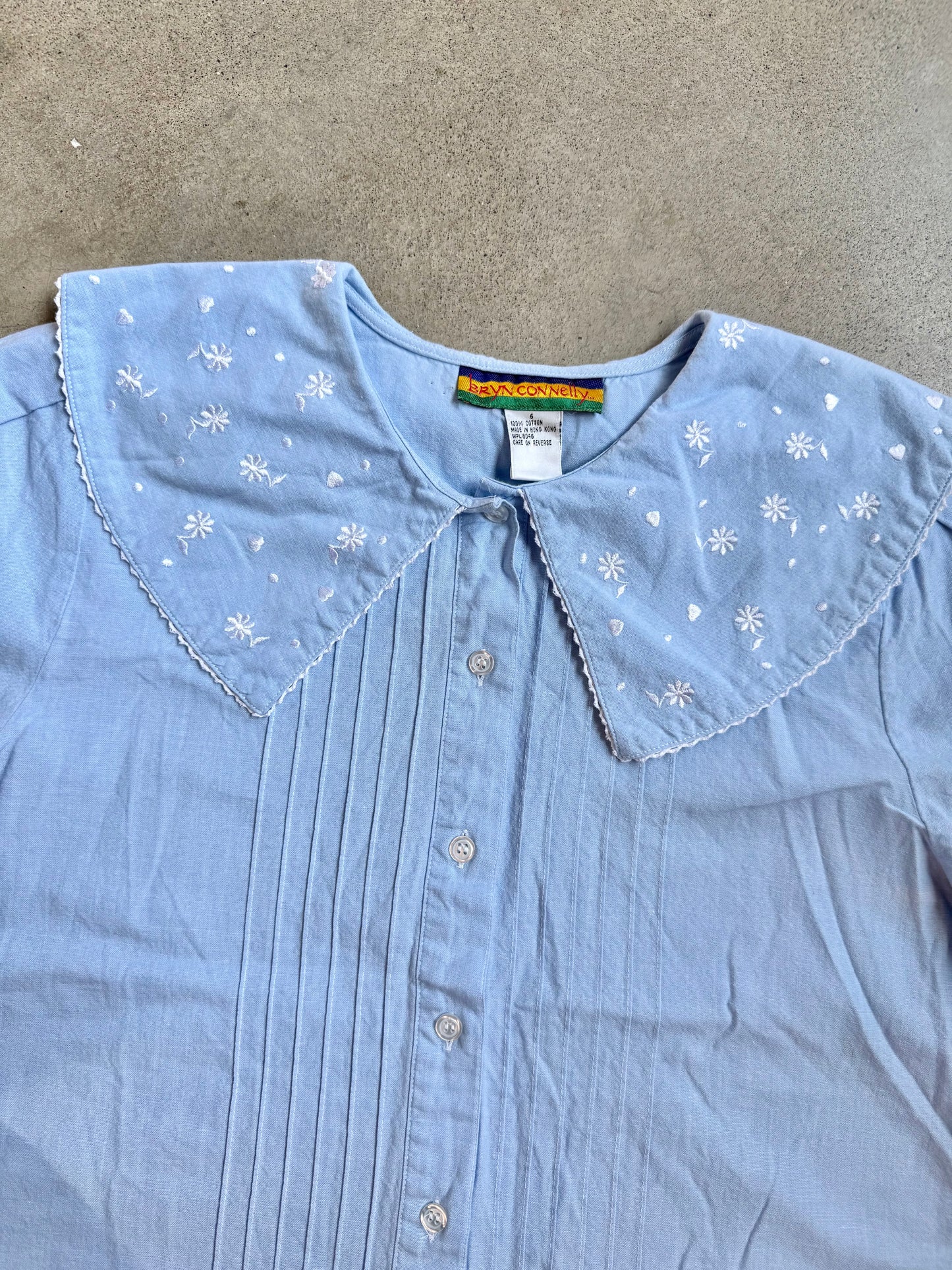 Vintage 1980s Bryn Connelly Blue Floral Embroidered Babydoll Blouse | Small