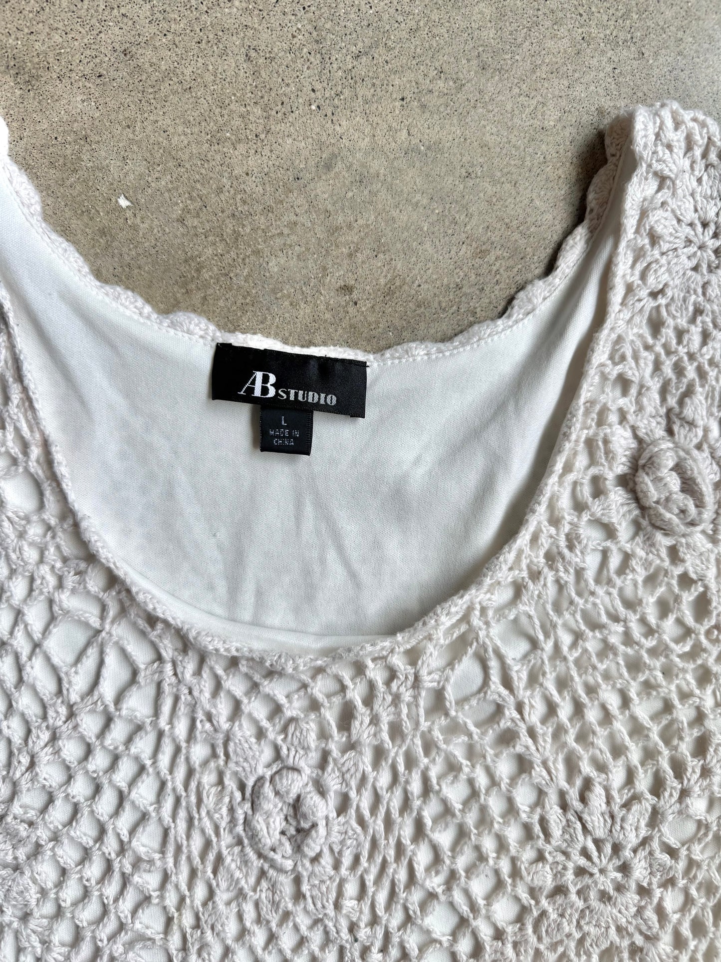 Vintage 1990s A.B. Studio White Crochet Tank Top | Large