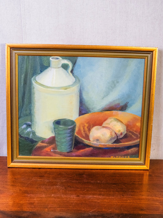 Vintage Framed Pitcher & Fruit Bowl Still Life Oil Painting | Signed