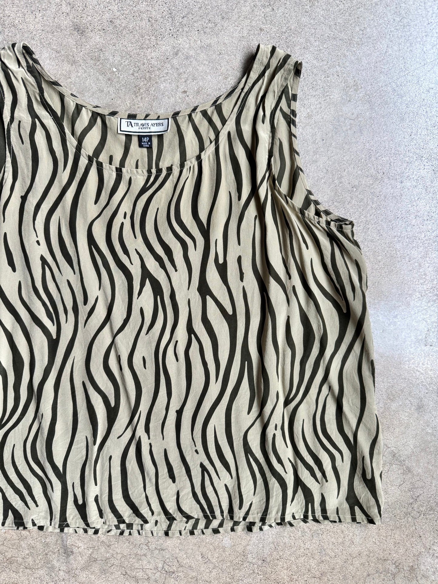 Vintage 1990s Travis Ayers Zebra Print 100% Silk Tank Top | Large
