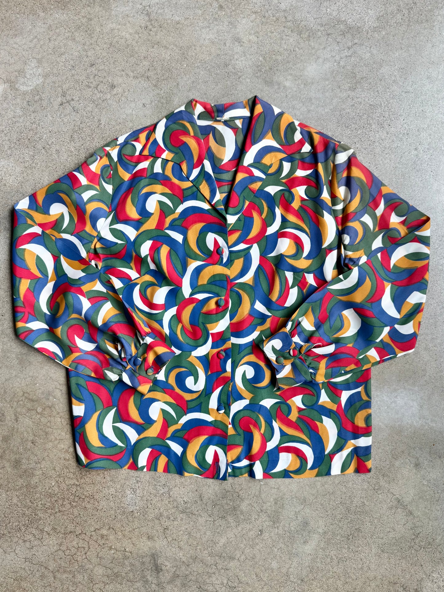 Vintage 1970s Multi-Color Abstract Swirl Printed Blouse | M/L
