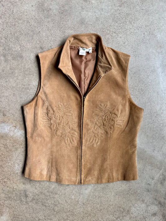 Vintage 1990s Coldwater Creek Tan Suede Floral Embroidered Zip-Up Vest | Small