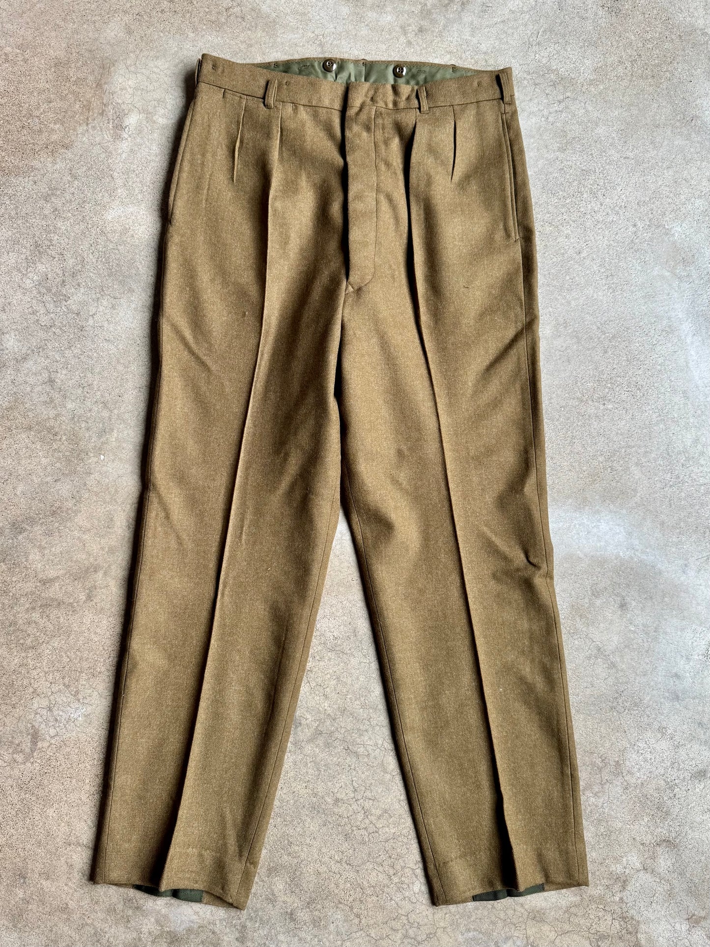 Vintage 1960s Military Issue Button Fly Pleated Wool Trousers | 35R