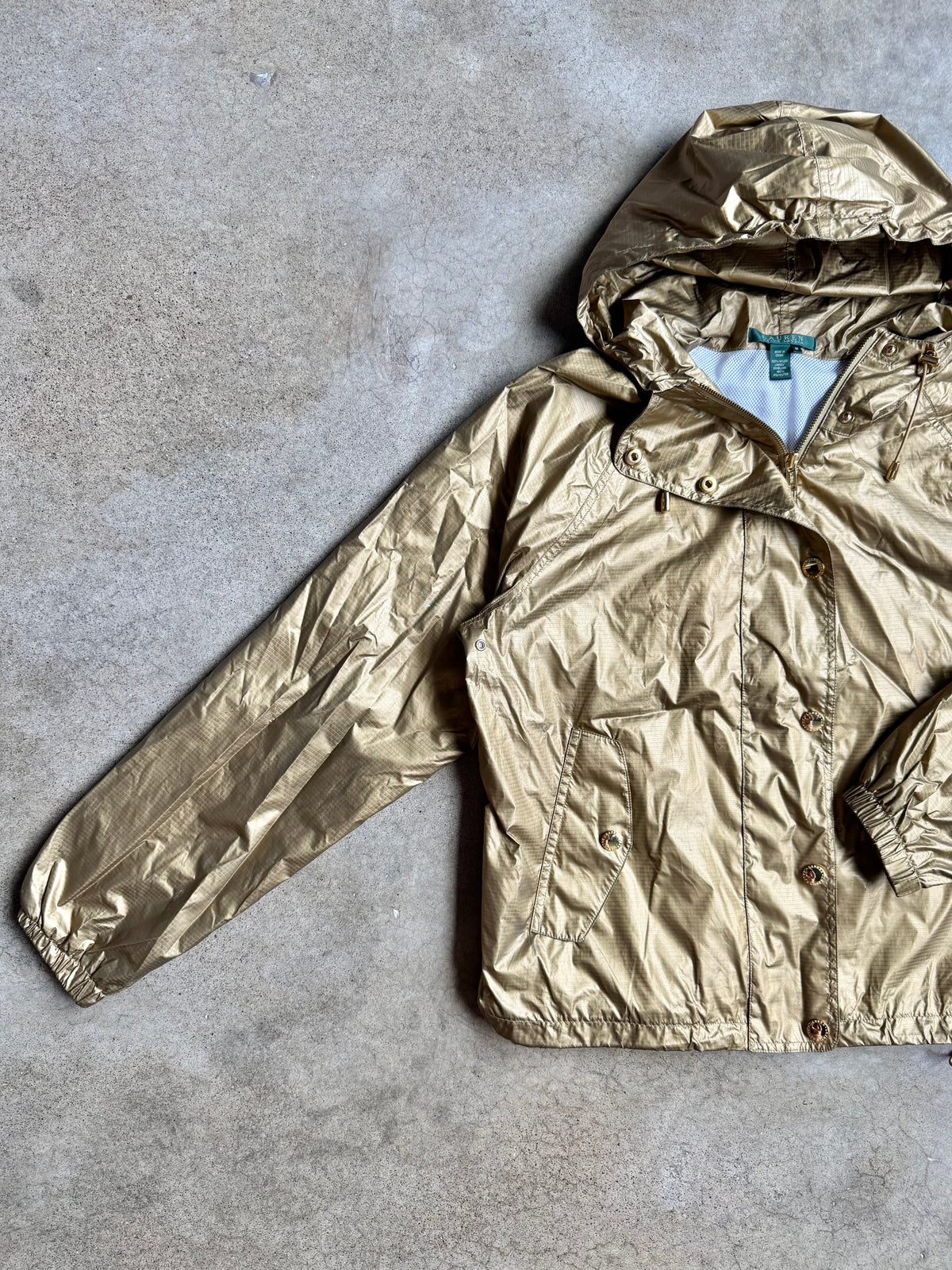 Lauren Ralph Lauren Gold Metallic Hooded Windbreaker Jacket | Medium