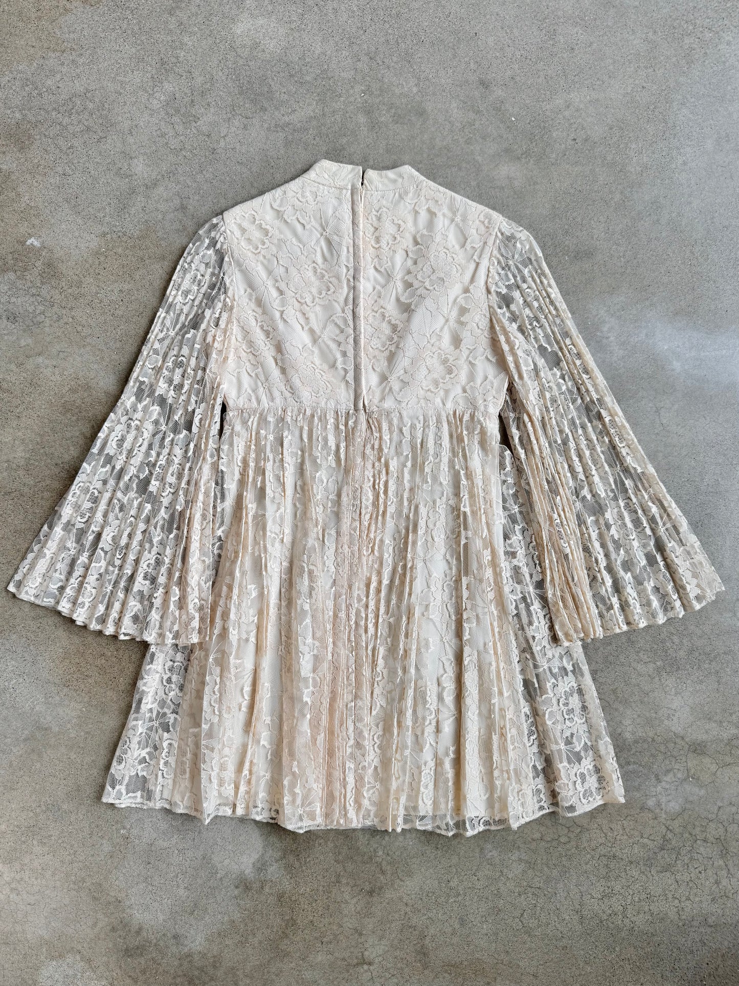 Vintage 1960s Ivory Lace Pleated Bell Sleeve Babydoll Mini Dress | XS