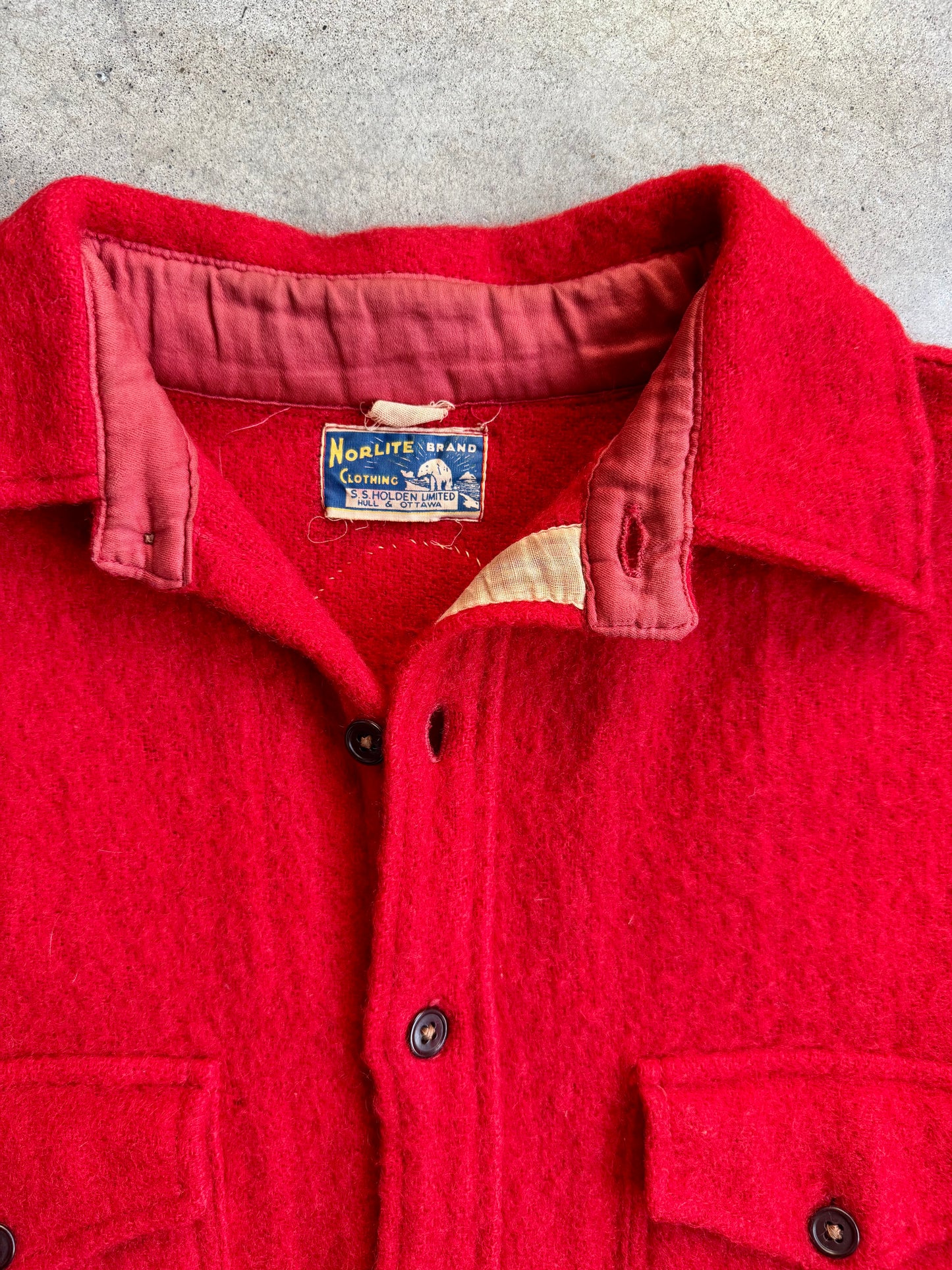 Vintage 1950s Norlite Red Wool Patched Pullover Shirt Jacket | L/XL