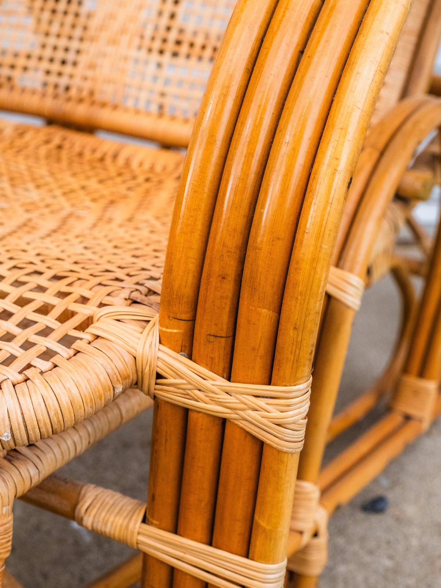 Vintage 1960s Folding Rattan Lounge Chair w/ Ottoman