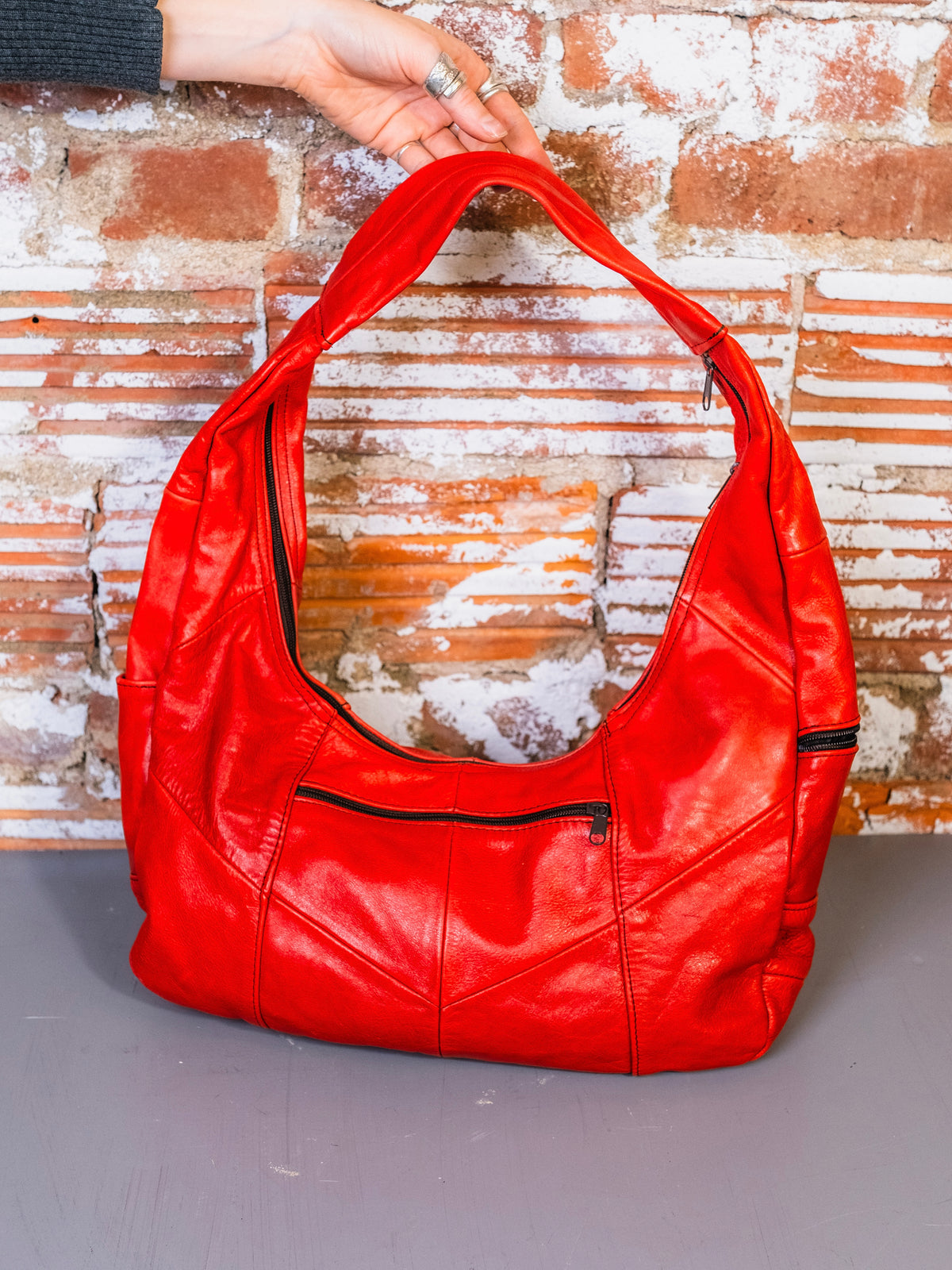 Vintage 1980s Red Leather Slouchy Hobo Shoulder Bag