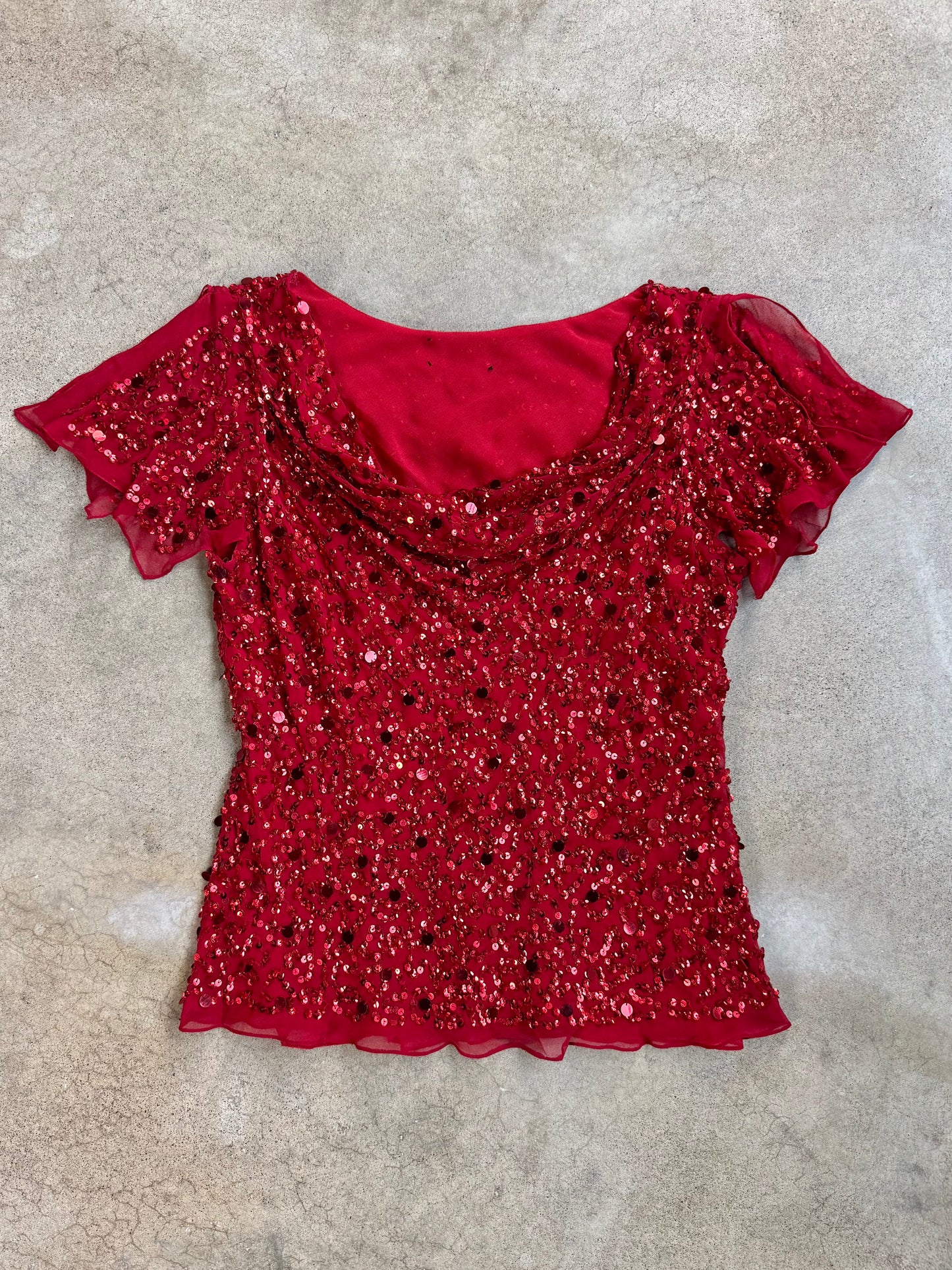 Vintage 1980s Red Sequined Silk Cowl-Neck Top | Medium