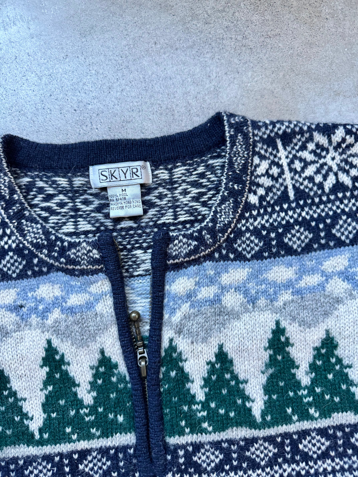 Vintage 1990s SKYR Winter Pine Tree Pattern Wool Knit Quarter-Zip Sweater | Medium