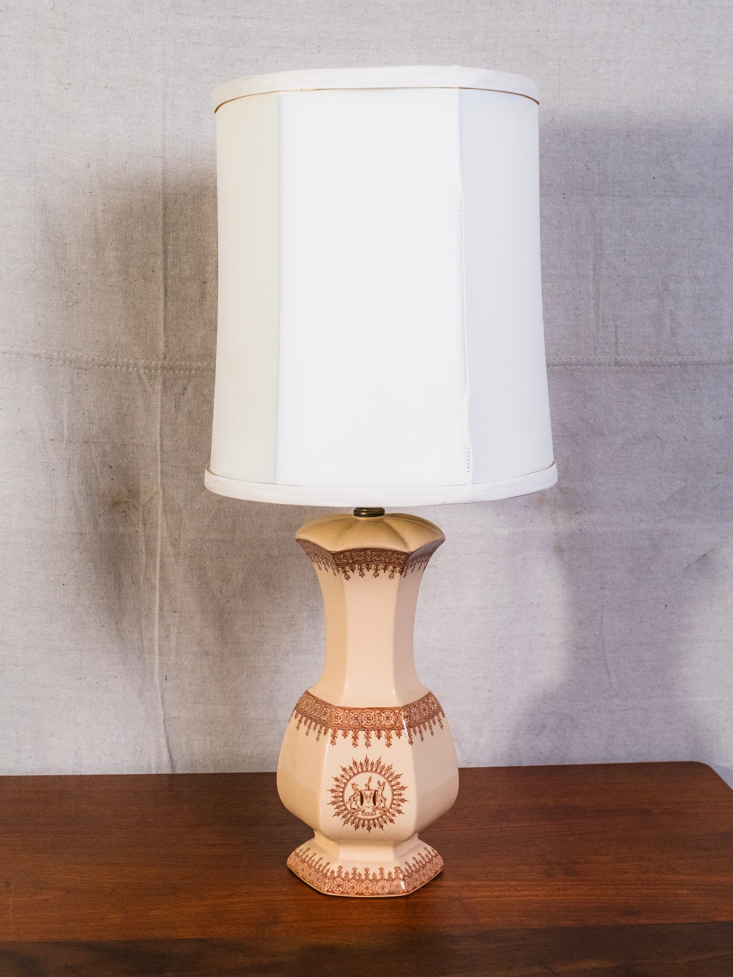 Vintage 1940s "Fideli Certa Merces" Deer Head Crest Ceramic Table Lamp