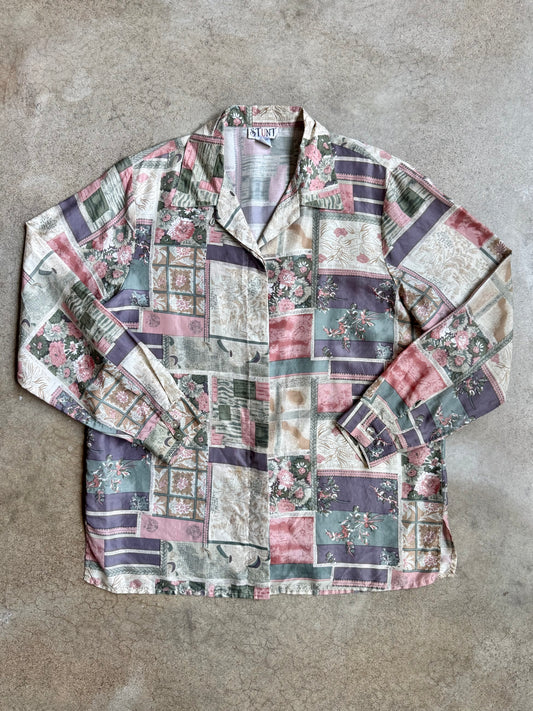 Vintage 1980s Stunt Floral Patchwork Printed Silk Blouse | Medium