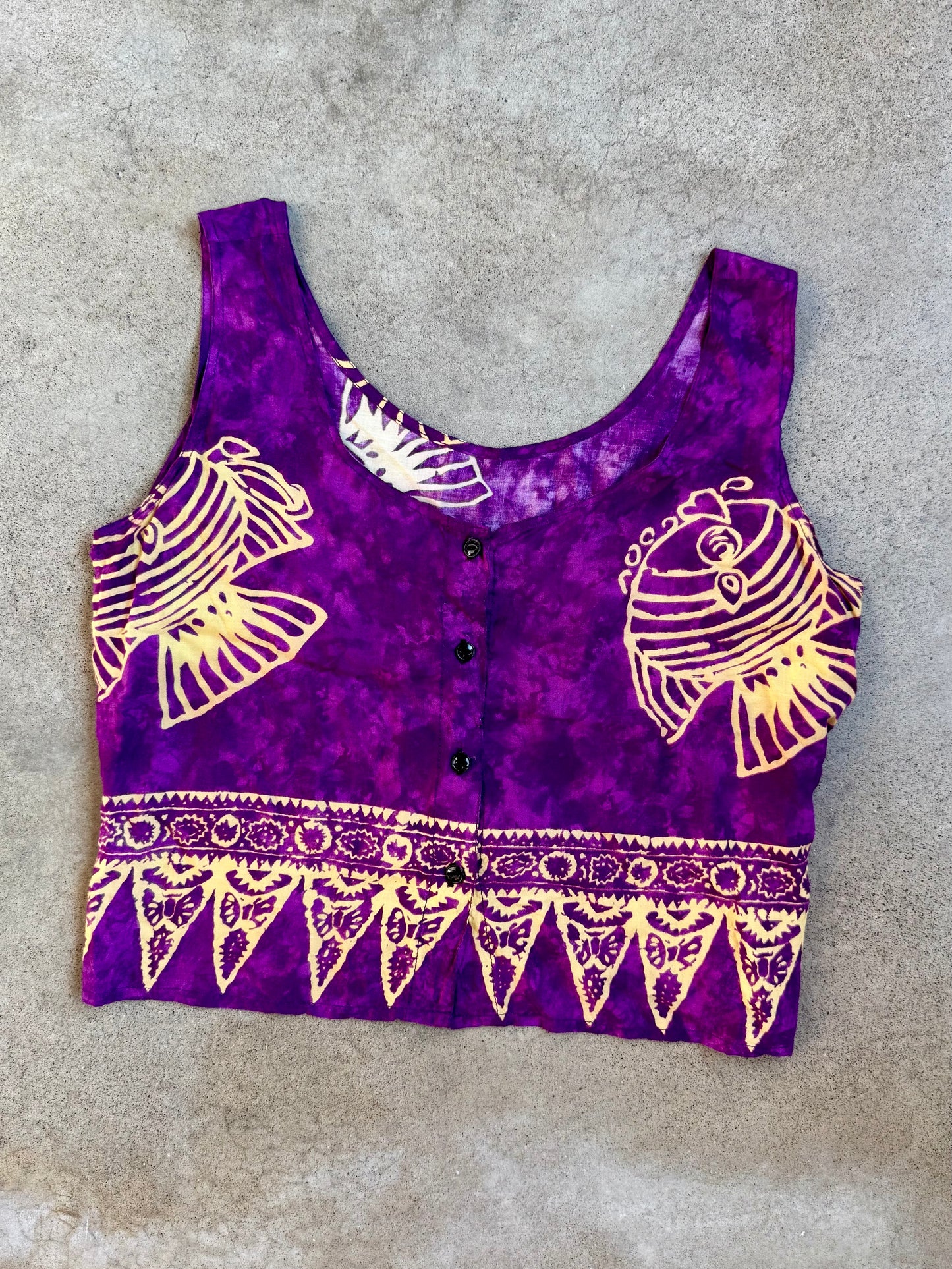 Vintage 1990s Purple Batik Fish Print Button-Front Cropped Tank Top | Medium