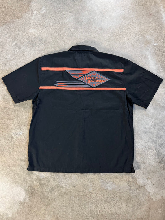 2000s Harley Davidson Black & Orange Embroidered Short Sleeve Shirt | XL